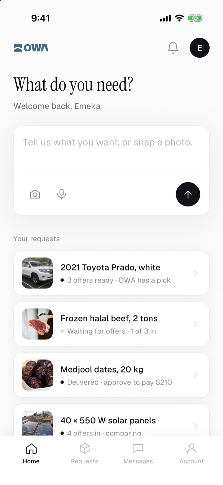 OWA home: What do you need? with a buyer's live requests
